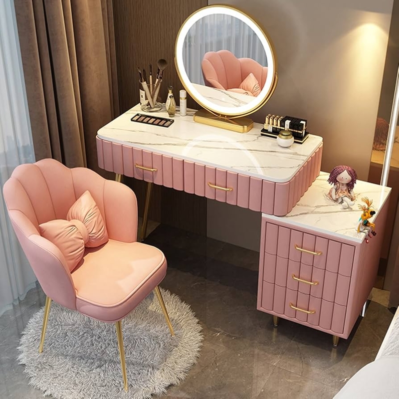 Fluted Vanity Desk with Stone-Like Top and Shell Chair