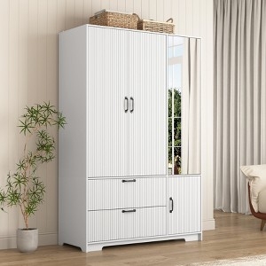 Fluted White Wardrobe with Full Length Mirror, Black Hardware.