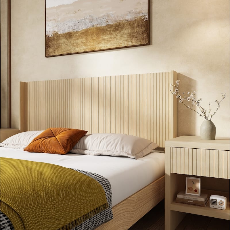 Fluted Wood Headboard Light Oak Finish Vertical Ribbed Texture