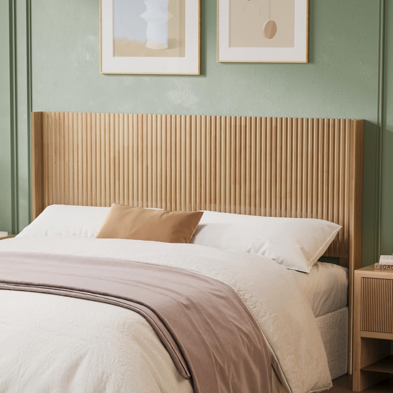 Fluted Wood Headboard with Wingback Sides, Natural Finish