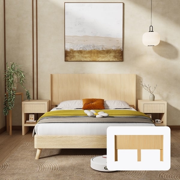 Fluted Wood Panel Headboard, Wall Mounted, Warm Wood Tone