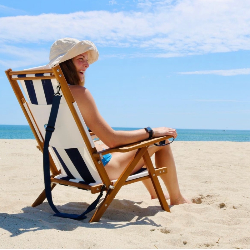 Folding Beach Chair with Navy Striped Fabric and Wood Frame
