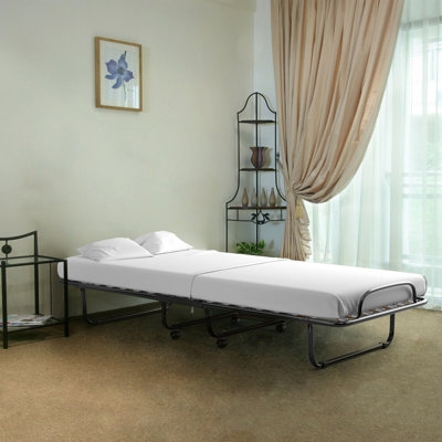 Folding Bed Black Metal Frame Caster Wheels Space Saving Guest Bed