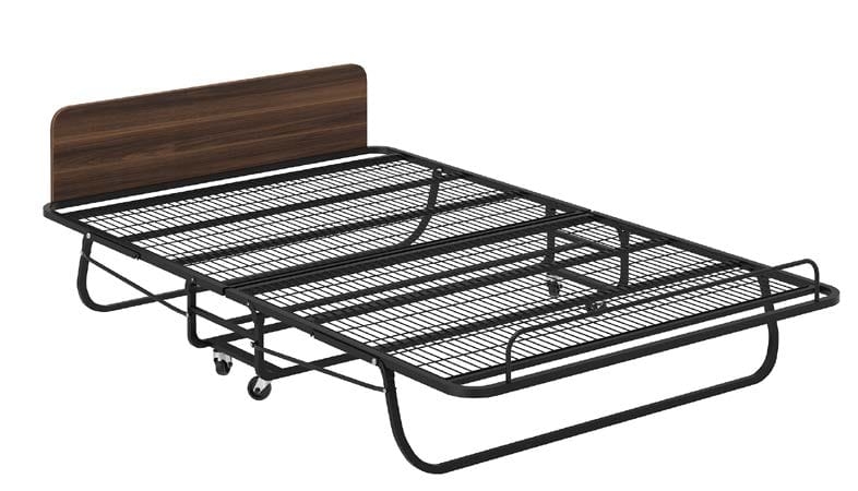 Folding Bed Frame, Metal, Integrated Wood Headboard, Casters.