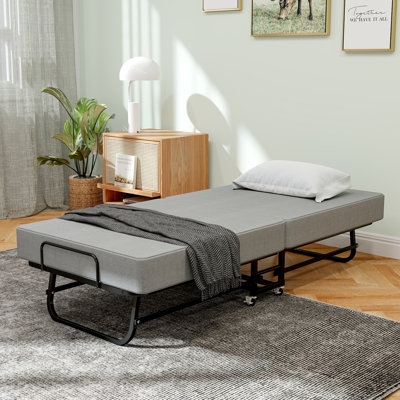 Folding Bed On Wheels Grey Upholstered Mattress Included Minimalist