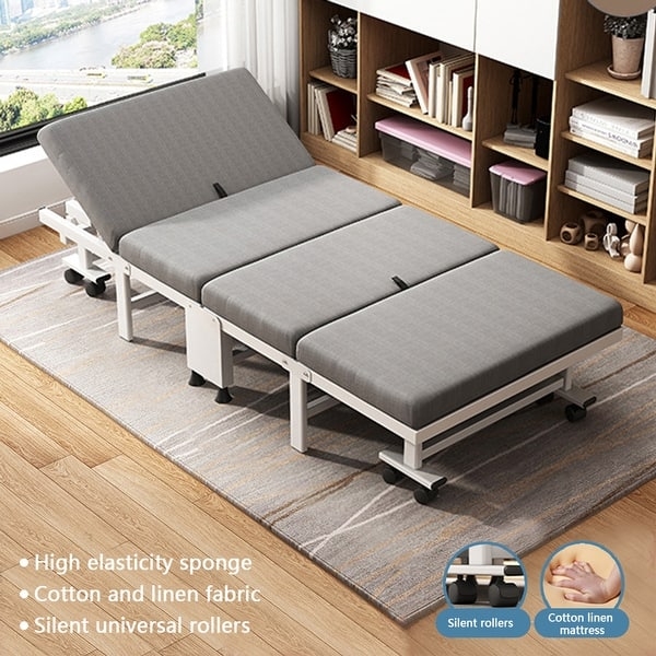 Folding Bed Portable Rollaway with White Metal Frame Gray Fabric