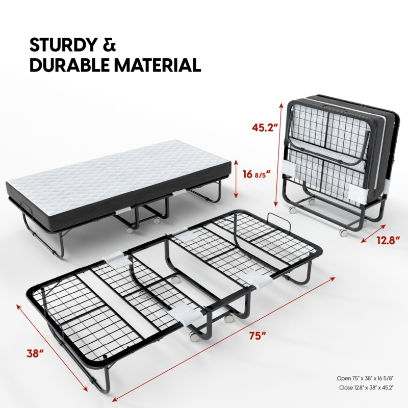 Folding Bed, Tri-Fold Metal Frame, Wire Mesh Base.