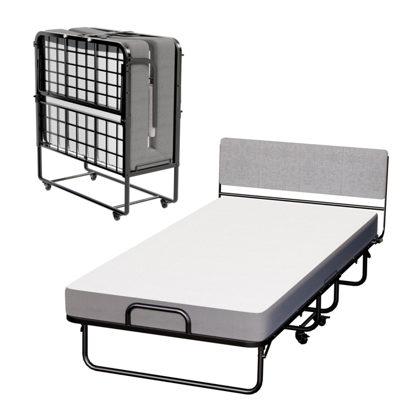 Folding Bed, Upholstered Headboard, Metal Frame, Locking Casters.