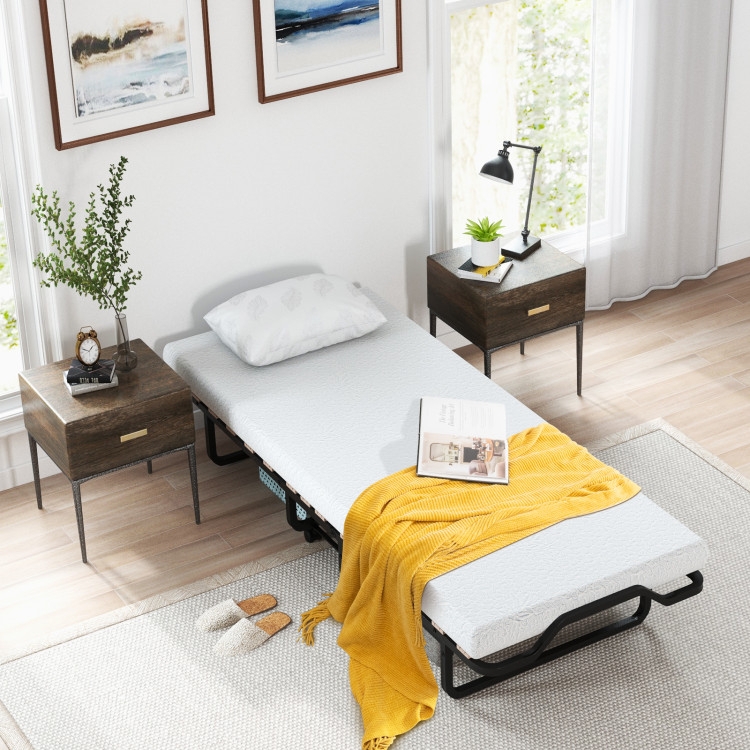 Folding Bed with Lockable Wheels and Foam Mattress, Modern Style