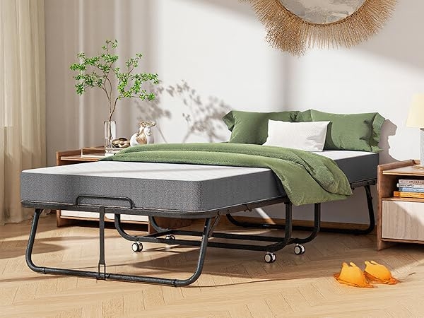 Folding Bed With Mattress Sage Green Textiles Locking Casters Metal