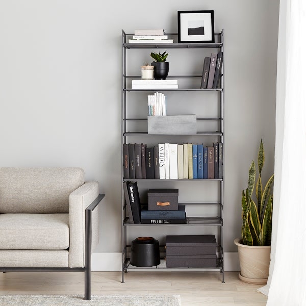 Folding Bookshelf 6-Tier Black Metal Industrial Space Saving