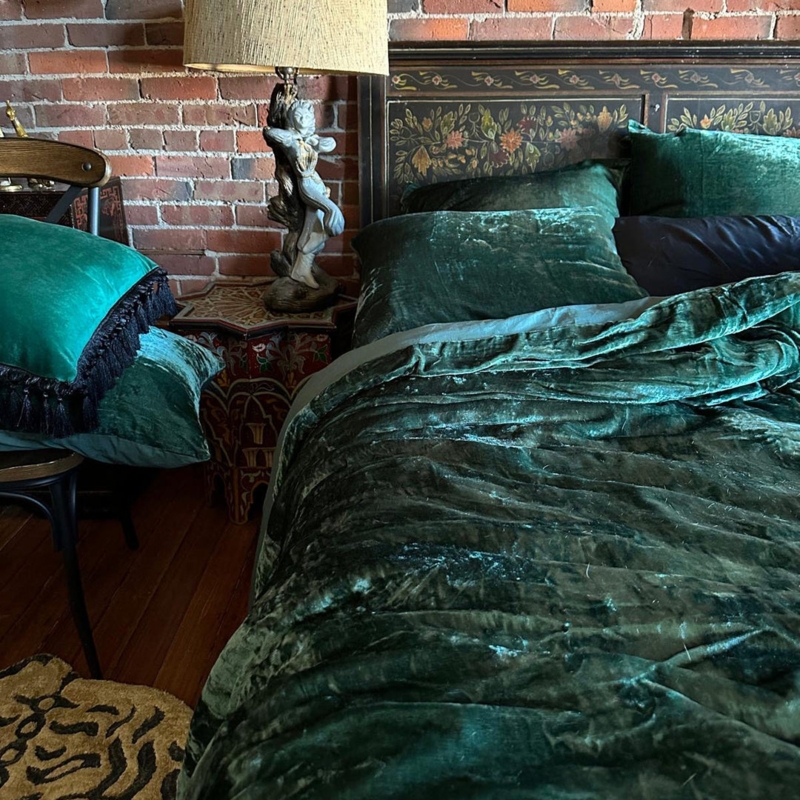 Forest Green Velvet Duvet Cover Set Plush Pile Vintage Glam Bedroom