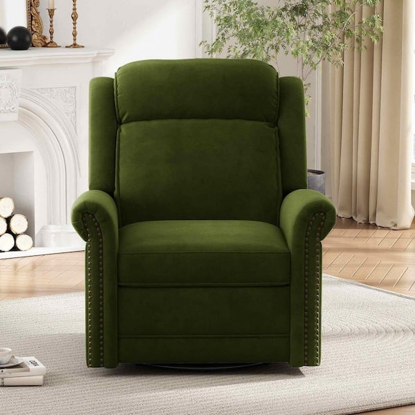 Forest Green Velvet Recliner with Nailhead Trim and Swivel Base