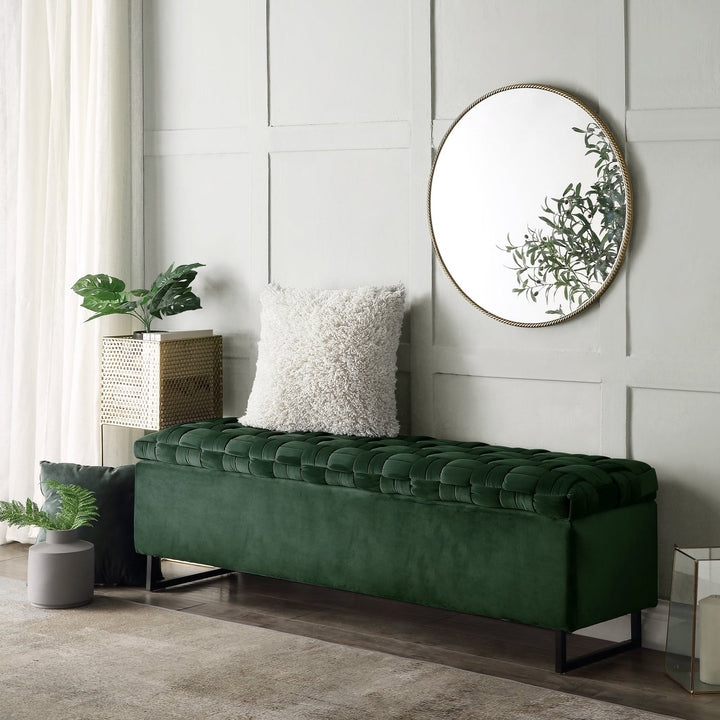 Forest Green Velvet Storage Bench with Woven Tufted Top and Sled Legs