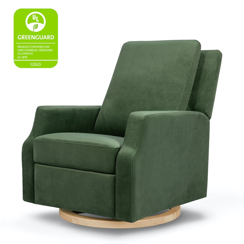 Forest Green Velvet Swivel Glider Recliner with Circular Wood Base