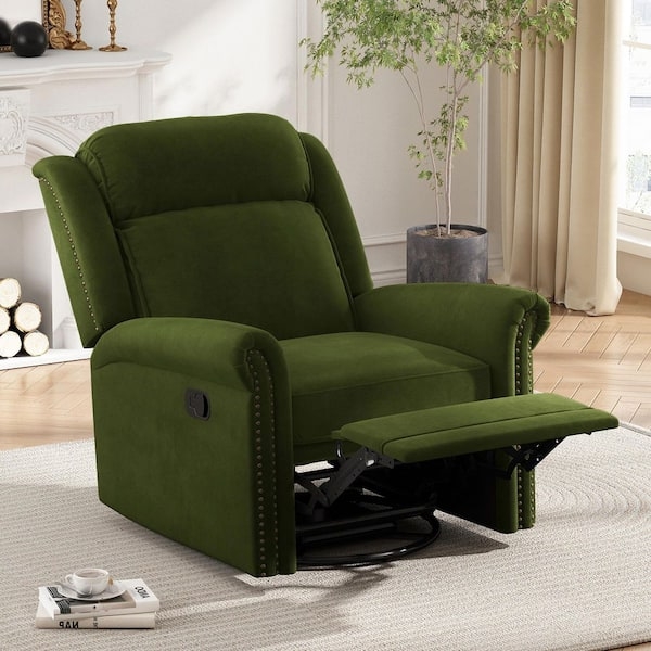 Forest Green Velvet Swivel Rocker Recliner, Nailhead Trim Chair
