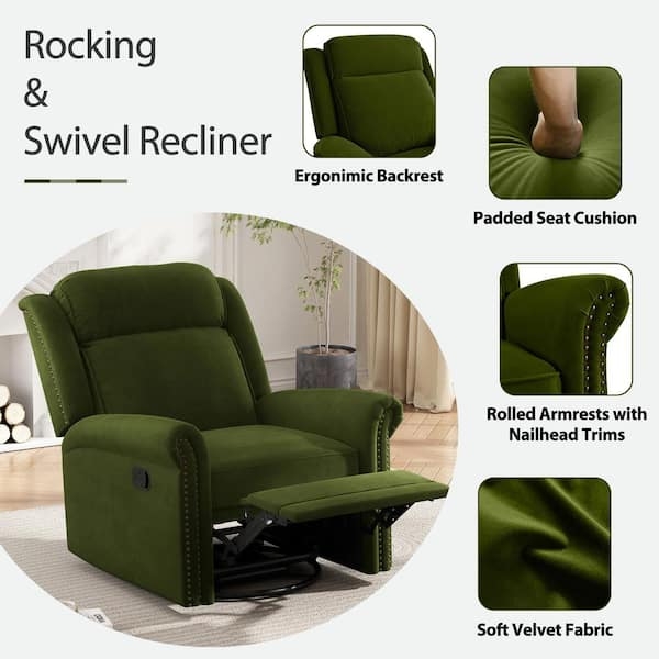 Forest Green Velvet Swivel Rocker Recliner with Nailhead Trim