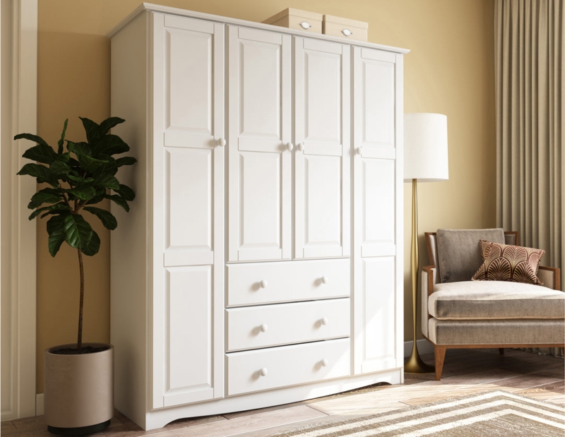 Four Door Bedroom Armoire with Recessed Panels and Center Drawers