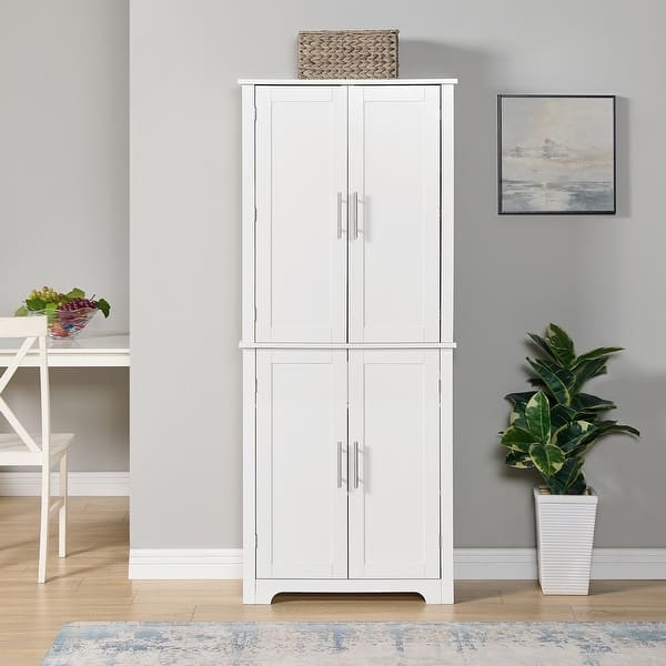 Four Door Corner Pantry Cabinet with Silver Bar Handles