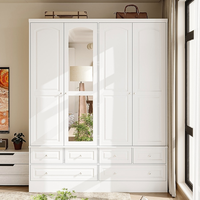 Four Door Wardrobe Armoire with Mirrored Panel and Six Bottom Drawers