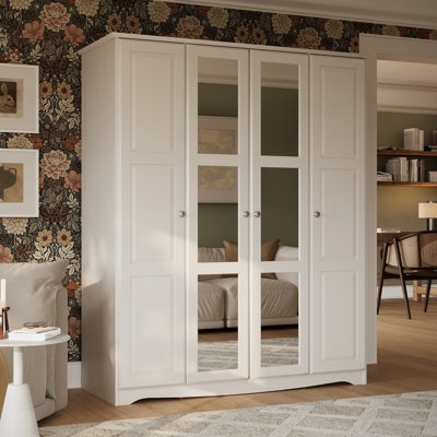 Four Door Wardrobe with Mirrored Central Panels and Recessed Molding