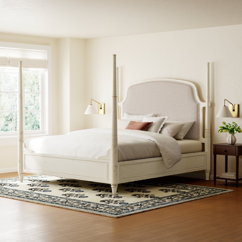 Four Poster Bed Arched Upholstered Headboard Distressed French Country