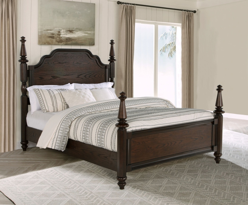 Four-Poster Bed Dark Oak Finish Turned Posts Traditional King Frame