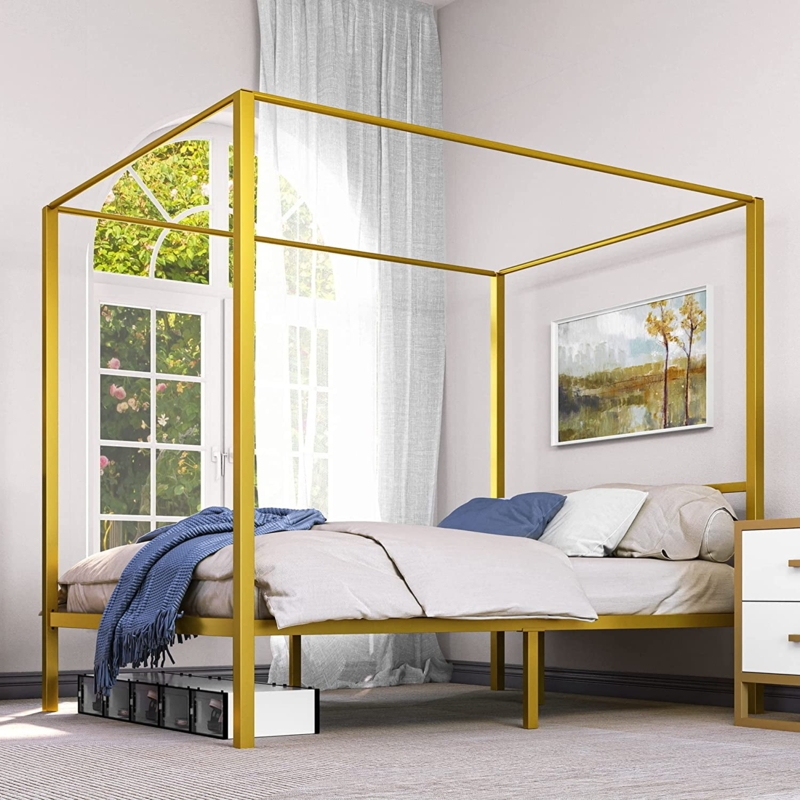 Four Poster Bed Gold Metal Platform Base Built-in Headboard