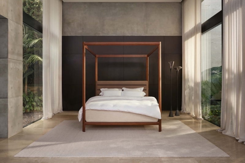 Four-Poster Bed Horizontal Tufted Headboard Slender Rounded Posts