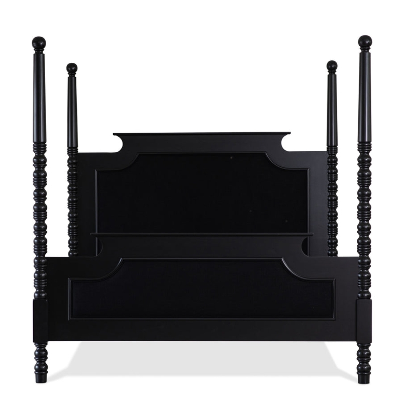 Four Poster Bed Intricately Turned Posts Matte Black Upholstered Panels