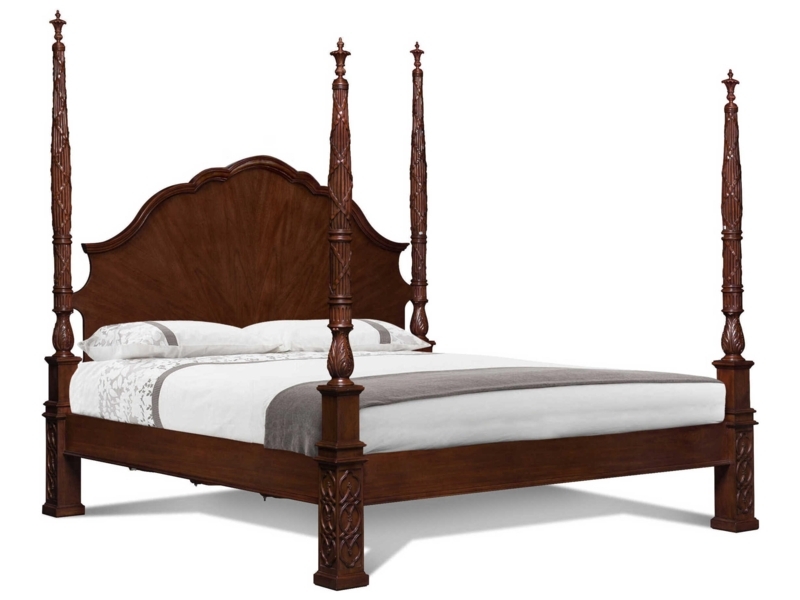 Four Poster Bed Mahogany Fan Veneer Acanthus Carvings Traditional
