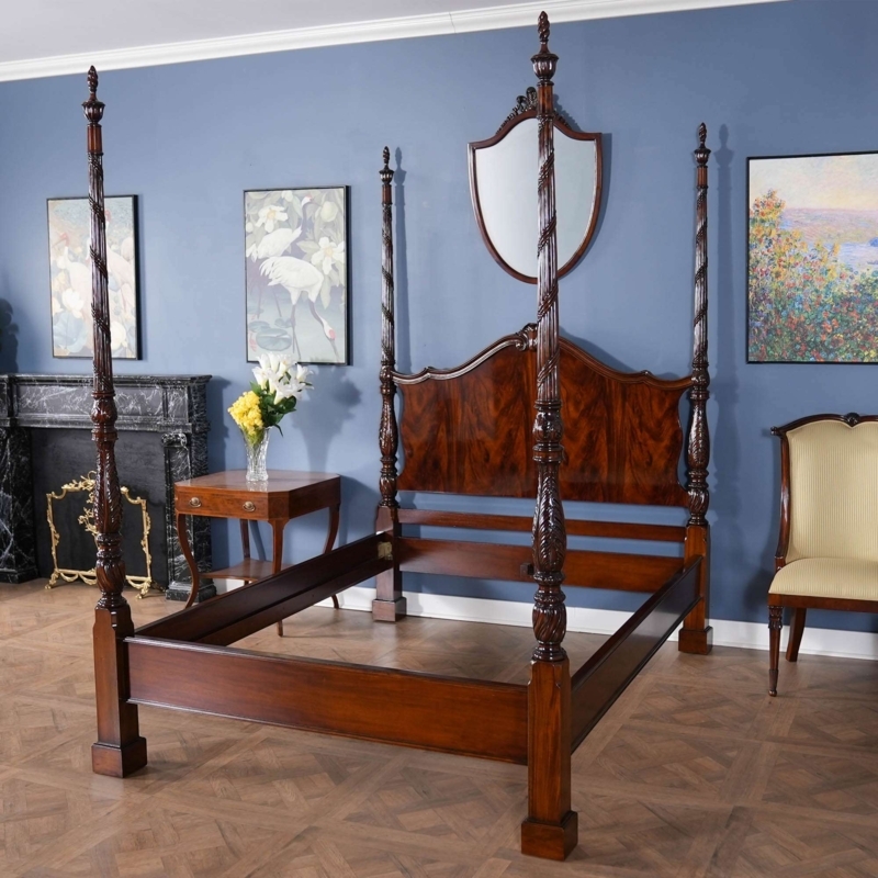 Four Poster Bed Mahogany Finish Spiral Carved Posts Traditional