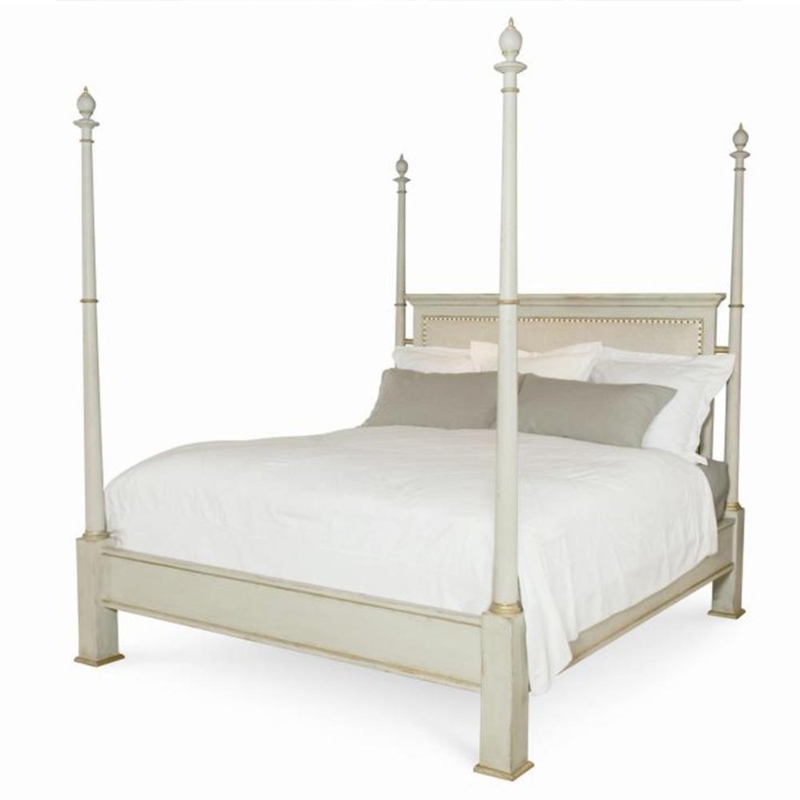 Four Poster Bed Nailhead Trim Upholstered Headboard Distressed Finish