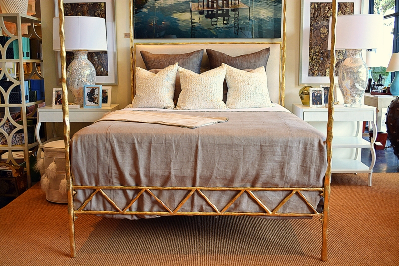 Four Poster Bed Twisted Metal Texture Upholstered Headboard