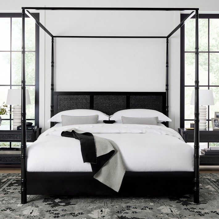 Four Poster Bed with Woven Cane Headboard in Matte Black Finish
