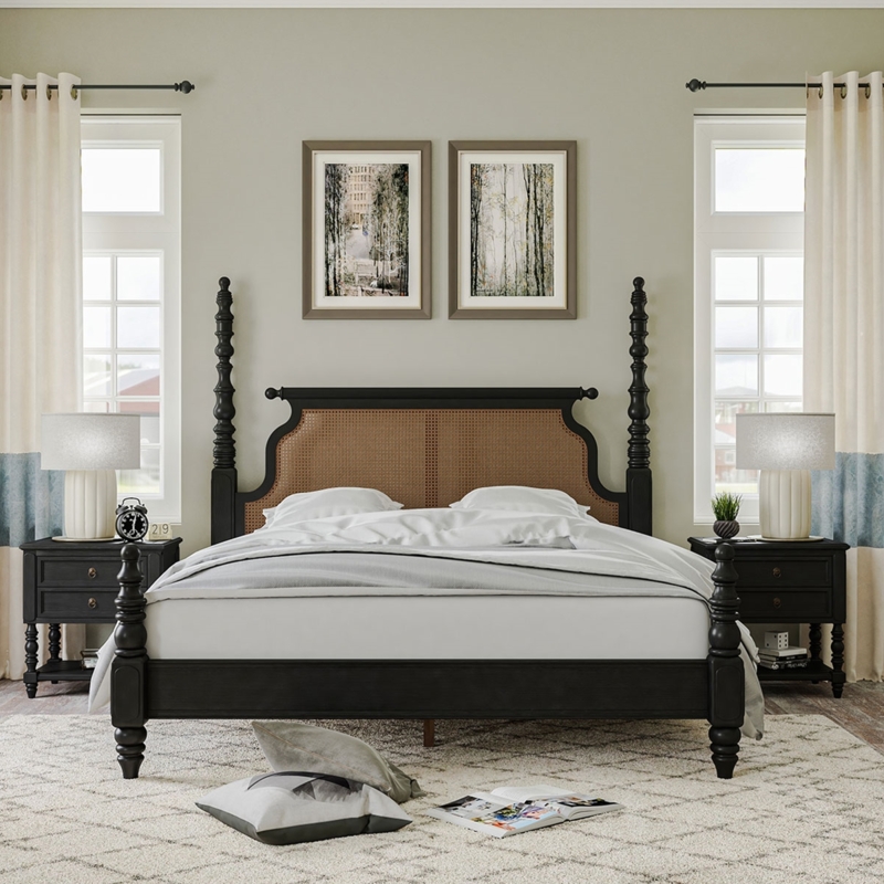 Four Poster Spindle Bed with Cane Headboard and Platform Base