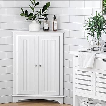 Freestanding White Corner Cabinet with Beadboard Panels