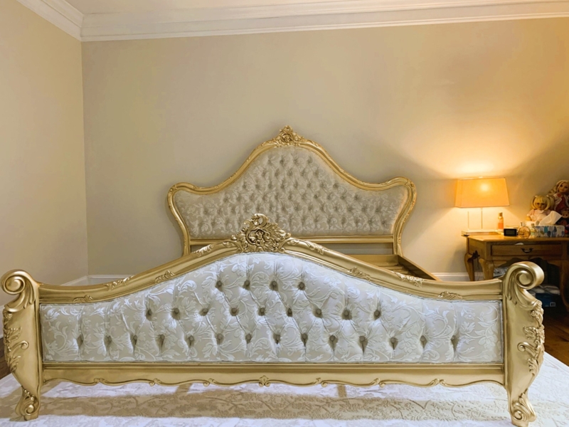 French Bed Antique Gold Leaf Diamond Tufted Ornate Carvings Arched