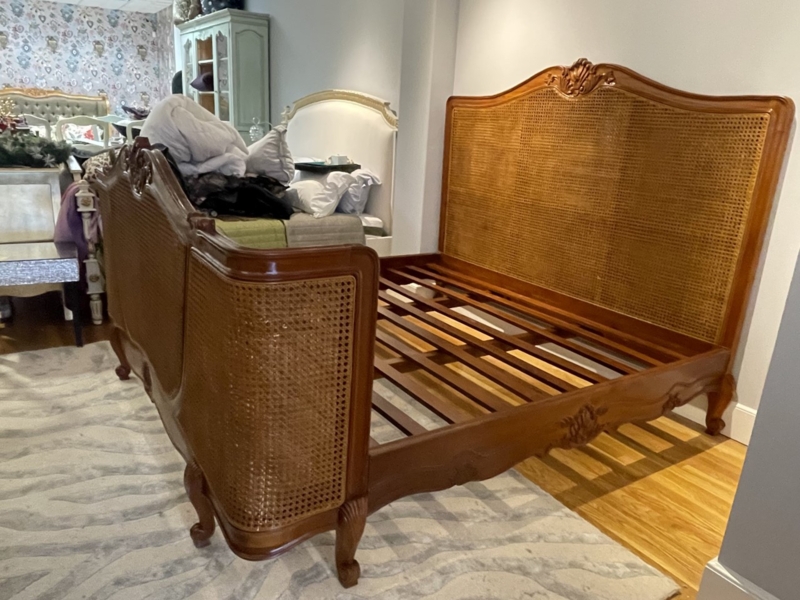 French Bed Frame Walnut Finish Ornate Shell Carvings Woven Panels
