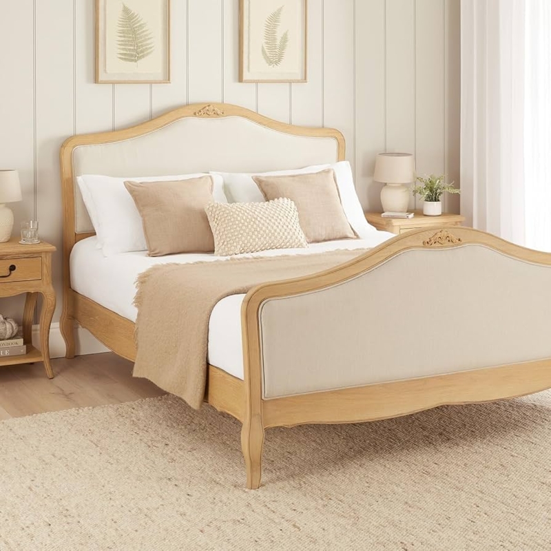 French Chateau Oak King Size Bed 5ft | Natural Linen Upholstered Headboard  | Solid Frame | Hand-Carved Cabriole Legs | Decorative Piping | Natural  Whitewash Finish | Minor Assembly Required : Amazon.co.uk: Home & Kitch