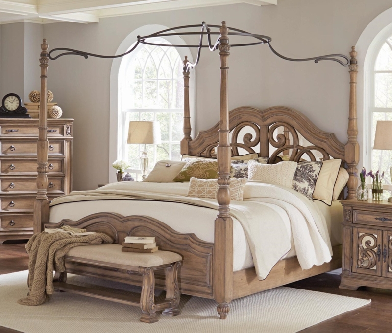 French Country Canopy Bed in Antique Linen Finish with Scrolled Metal