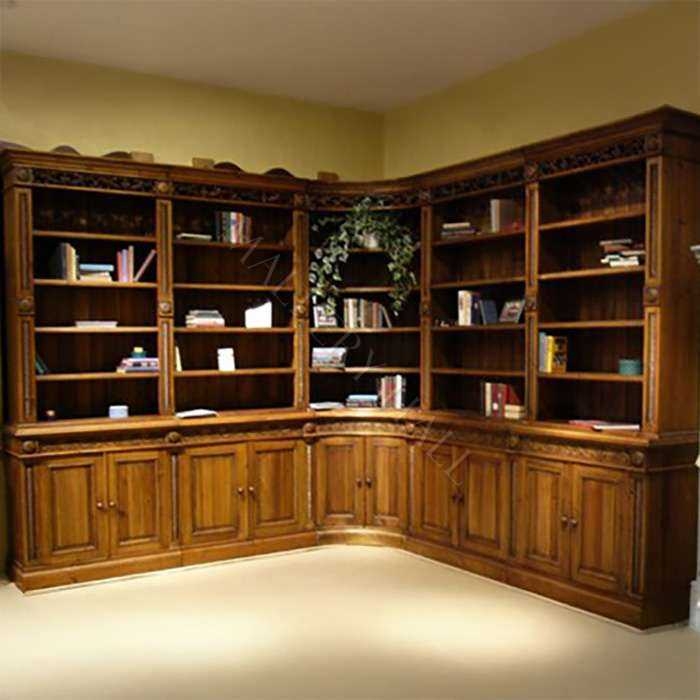 French Country Corner Bookcase Ornate Carvings Library Wall Warm Brown