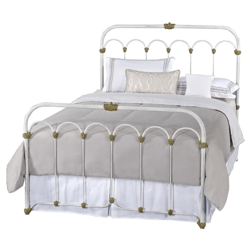 French Country Iron Bed Distressed White Gold Medallion Accents