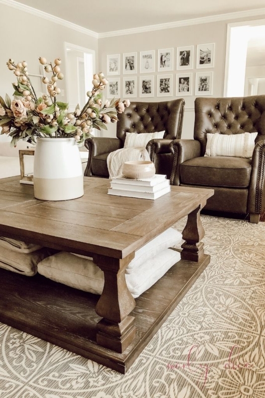 French Country Living Room Tufted Wingback Chairs Medallion Rug