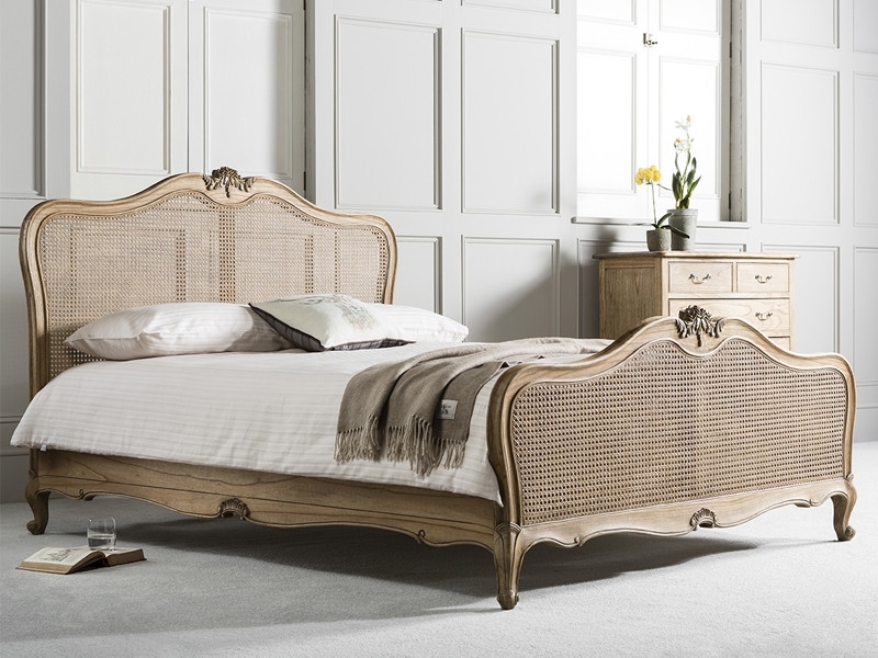 French Country Rattan Bed with Weathered Wood Finish and Woven Panels