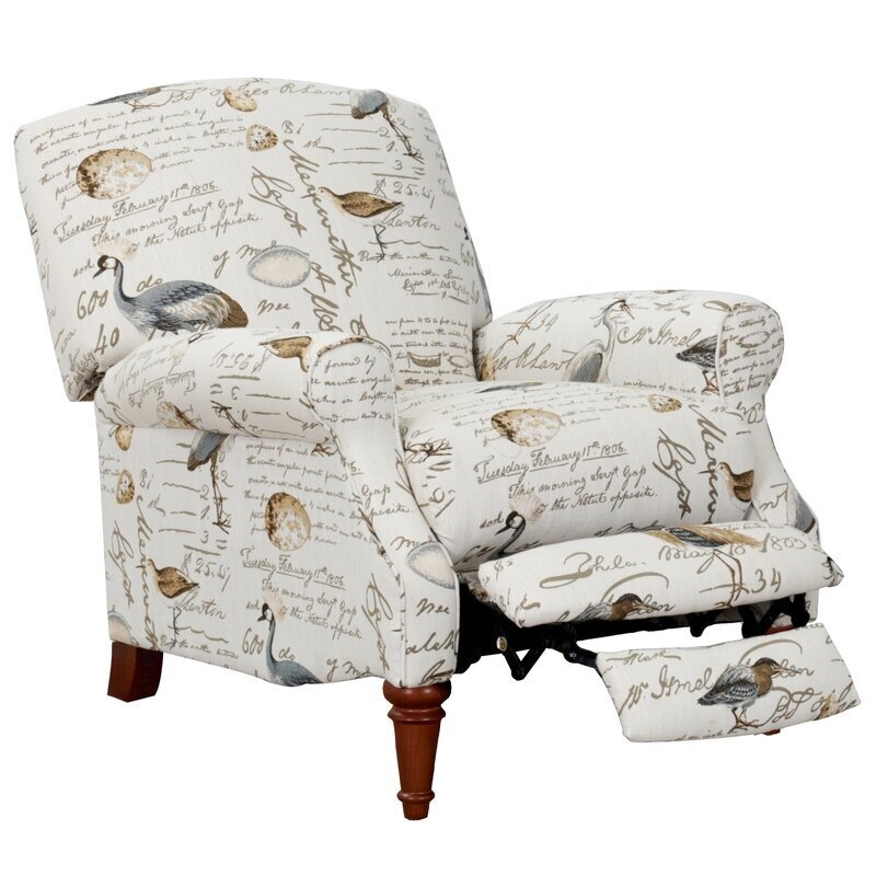 French Country Recliner with Vintage Bird and Script Print Upholstery