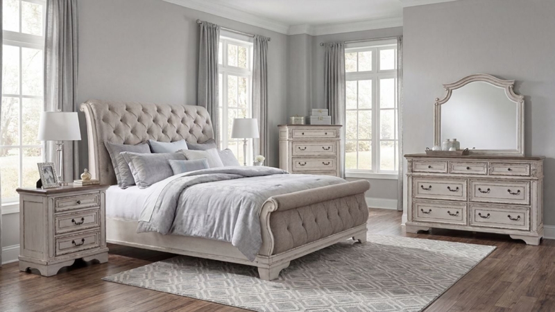 French Country Sleigh Bed Set in Distressed Off-White with Button Tufting
