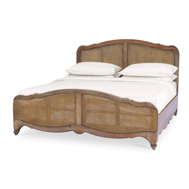 French Provincial Bed with Scalloped Frame and Woven Cane Panels