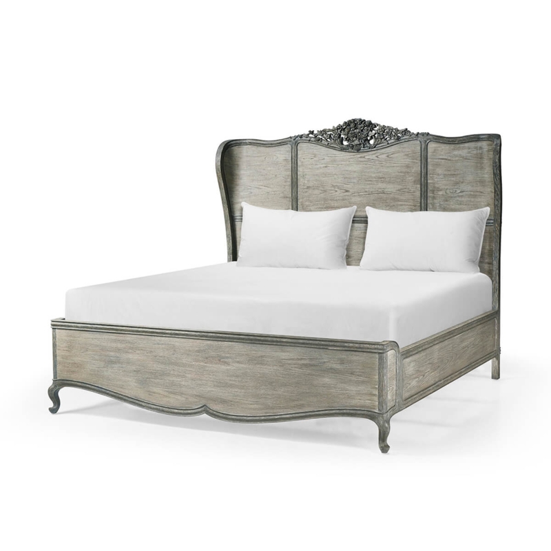 French Provincial Bed with Weathered Grey Finish and Winged Headboard