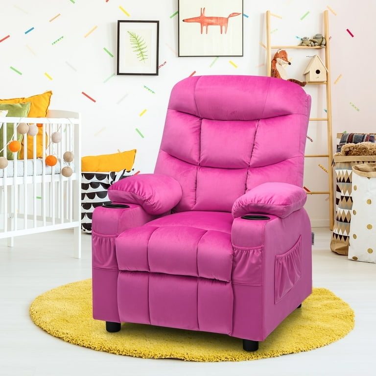 Fuchsia Velvet Kids Recliner with Cup Holders and Pockets